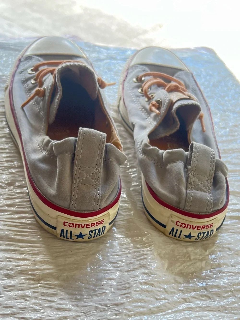 Converse Low-Top Sneakers in Light Gray with Tan and Red Trim